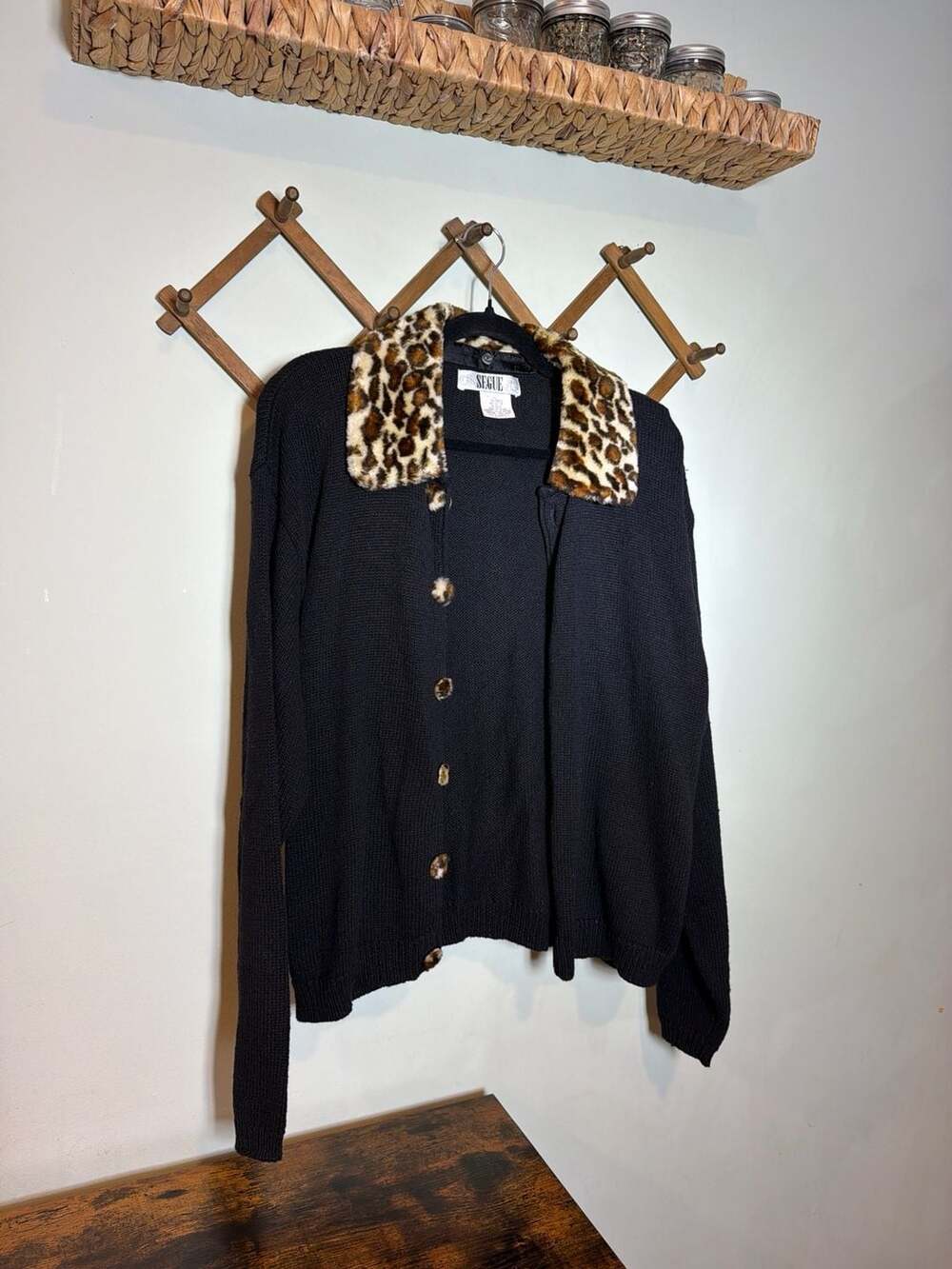 Vintage Segue Black Knit Cardigan with Removable Faux Fur Leopard Collar